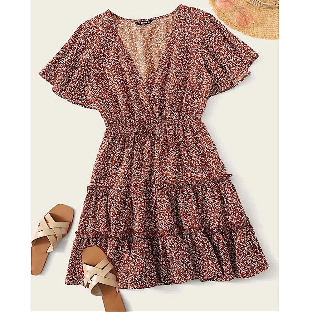 Floral flutter sleeve tiered dress